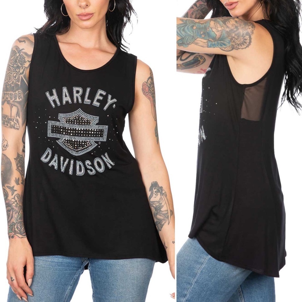 Harley-Davidson Women's Stoned B&S High-Low Scoop Neck Sleeveless Tank Top - S